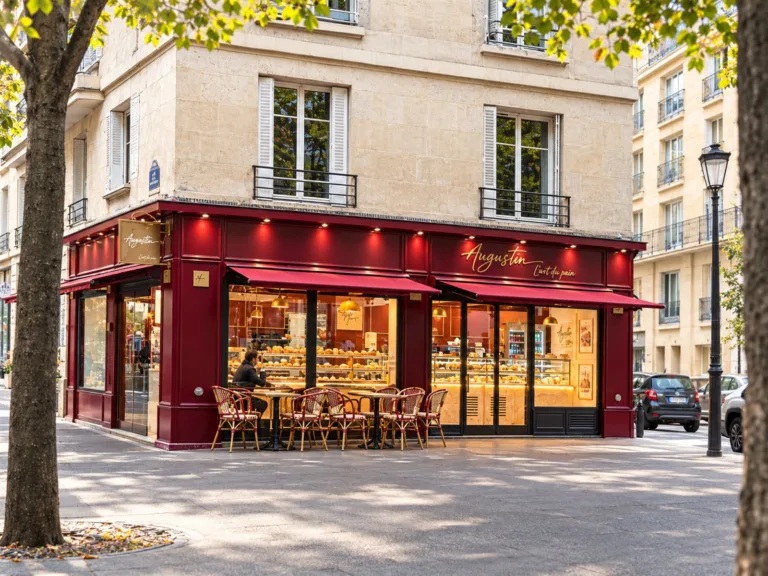 Façade d'angle bordeaux d'Augustin Paris Convention, rue de la Convention, avec sa terrasse aux chaises cannées sous les arbres