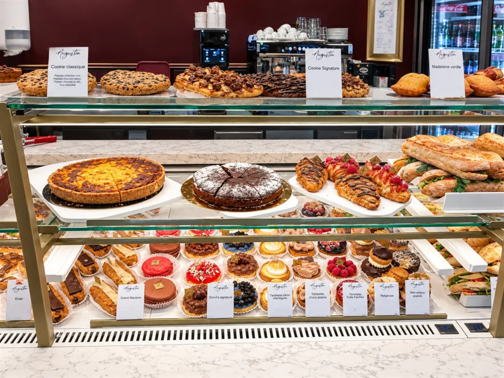 Vitrine d'Augustin Paris Convention garnie de tartes, de cookies, de pâtisseries individuelles et de sandwichs