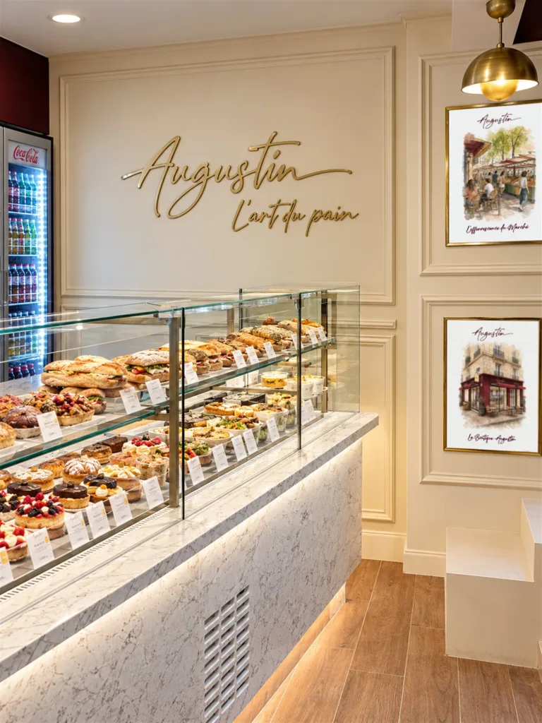Vitrine de pâtisseries et de tartes devant l'enseigne dorée « Augustin – L'art du pain » à Augustin Paris Convention