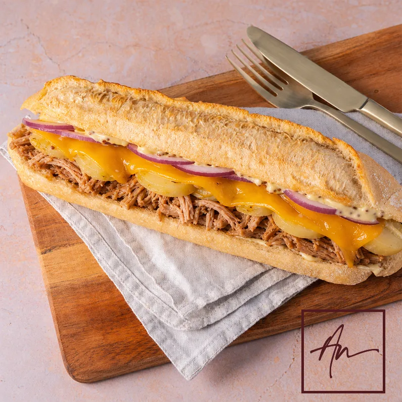 Ciabatta Waterloo : effiloché de porc cheddar