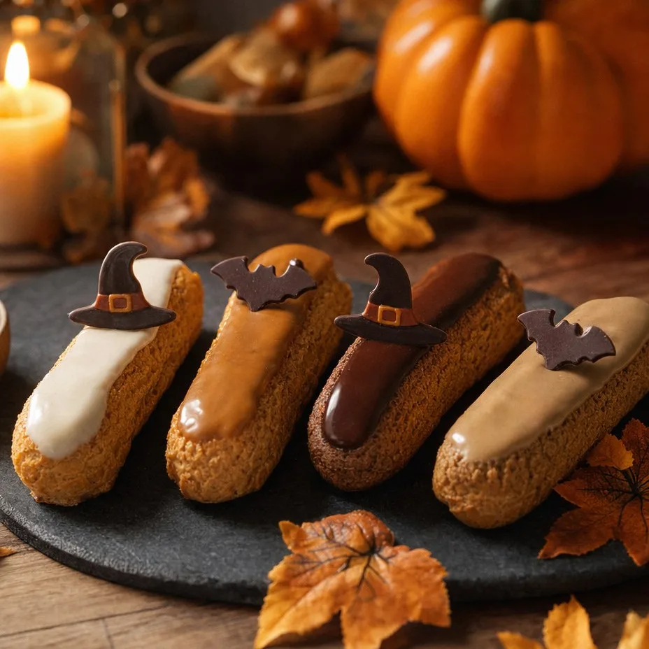 Éclairs Augustin glacés ivoire, caramel, chocolat et café, ornés de chapeaux de sorcière et de chauves-souris en chocolat noir, sur une ardoise au milieu de feuilles d'automne