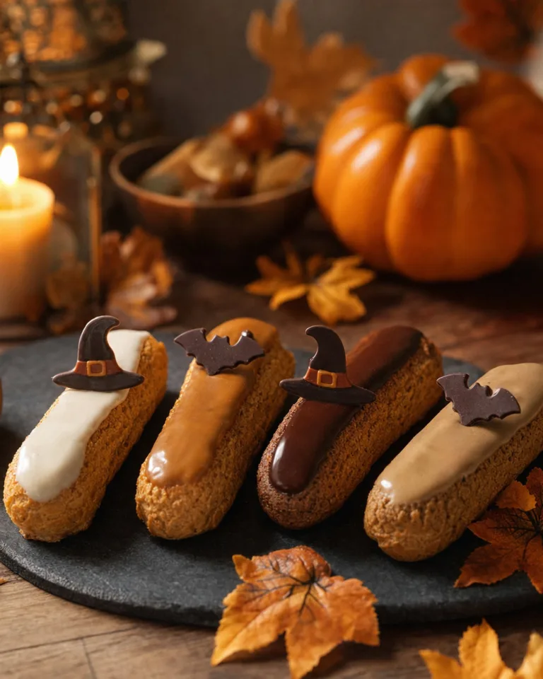 Quatre éclairs Augustin glacés ivoire, caramel, chocolat et café, ornés de chapeaux de sorcière et de chauves-souris en chocolat noir, entre une bougie et une citrouille