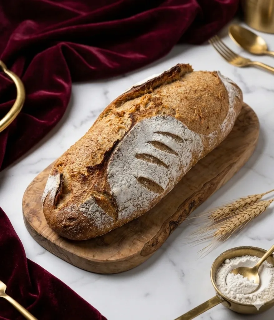 Pain de campagne Augustin sur une planche en bois d'olivier, avec des épis de blé et de la farine sur un marbre blanc