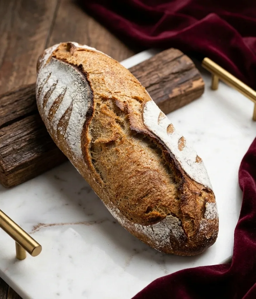 Pain de campagne Augustin à la croûte dorée et farinée, posé sur un plateau de marbre blanc aux poignées dorées, sur fond de velours bordeaux